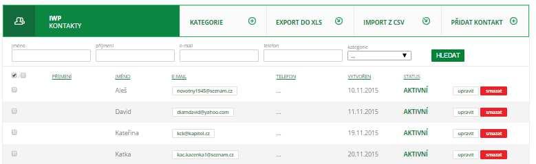 KONTAKTY - IWP Každý poradce má v tomto seznamu kontakty svých klientů z dat Webmakléře. Ty jsou do Zóny poradců zaváděny centrálou naší společnosti 1x měsíčně.