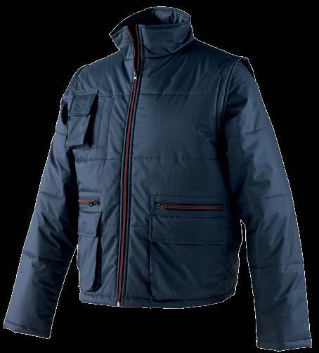 two external pockets and a big inside pocket. Composition: nylon rib stop padded 200 gr/sqm in synthetic feather. Sizes: S-M-L-XL-XXL-3XL Color: dark blue inside orange.