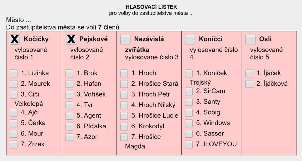 Následující hlasovací lístek je neplatný, protože je