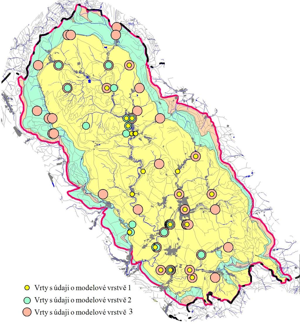 Horizontálně je koncepční hydrogeologický model ohraničen výskytem jednotlivých kolektorů. Plošné vymezení jednotlivých modelových vrstev je prezentováno níže.