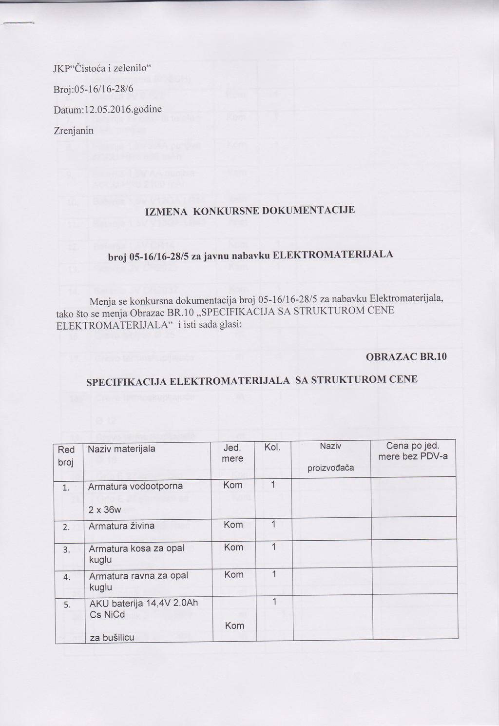 JKP Čistoća i zelenilo Br0j:05-6/6-28/6 Datum: 2.O5.206.