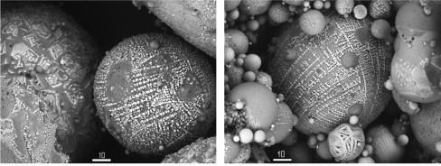 Obrázek 3: SEM snímky vysokoteplotního popílku [17] Podle původu lze pak popílky dělit ještě na fluidní a vysokoteplotní lišící se hlavně teplotou, při které byly spalovány.