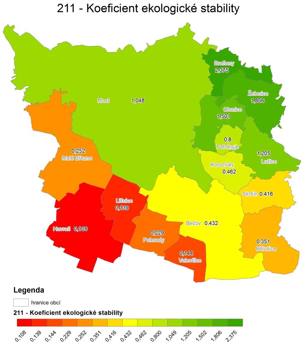 4. úplná aktualizace ÚAP pro ORP Most 2016 Rozdíl hodnot KES dle údajů ČSÚ a hodnot zjištěných analýzou vektorových dat ZABAGED (zdroj: ČÚZK) je způsoben odlišným způsobem stanovení hodnot KES v obou