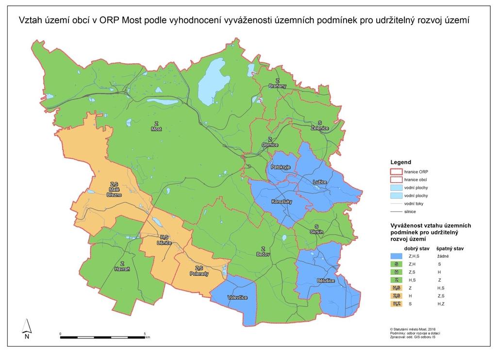 4. úplná aktualizace ÚAP pro ORP Most 2016 Závěr: Dle provedeného vyhodnocení vyváženosti územních podmínek pro udržitelný rozvoj území, je v ORP Most převážná většina obcí, u kterých byl negativně