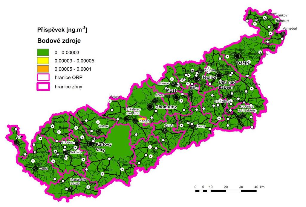 Obrázek 41: Příspěvek skupiny vyjmenovaných zdrojů (bodové zdroje) k průměrné roční koncentraci benzo(a)pyrenu, stav roku 2011, zóna CZ04 Severozápad C.
