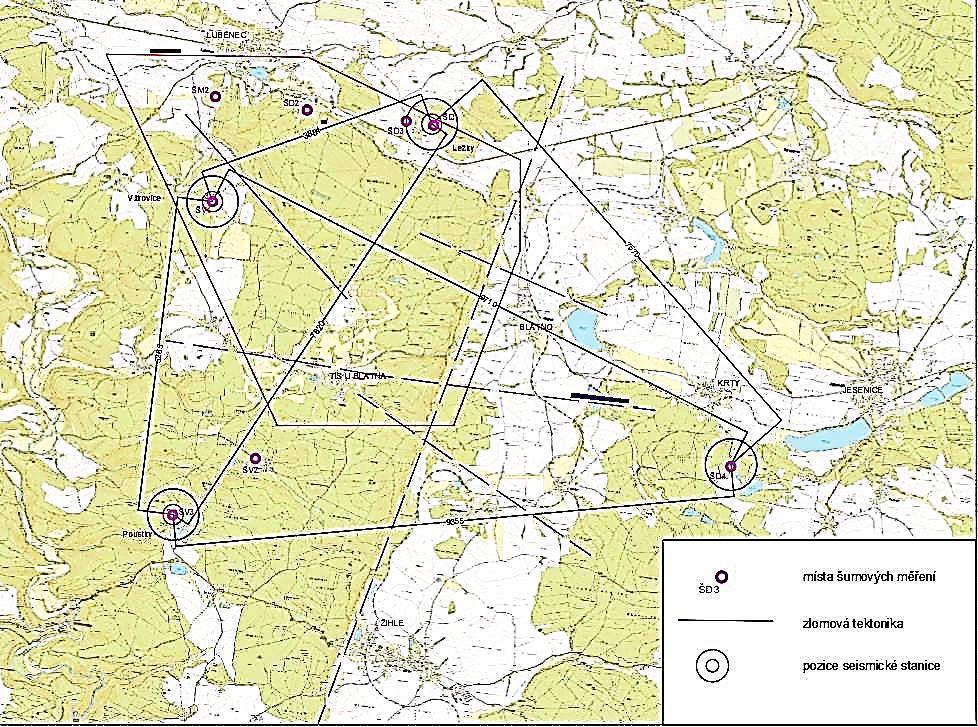 Obr. 1 Rozmístění seismických stanic oblasti Čertovka První stanice seismické sítě byla uvedena do zkušebního provozu 11. srpna 2016, celá síť byla uvedena do zkušebního (kalibračního) provozu 19. 8.