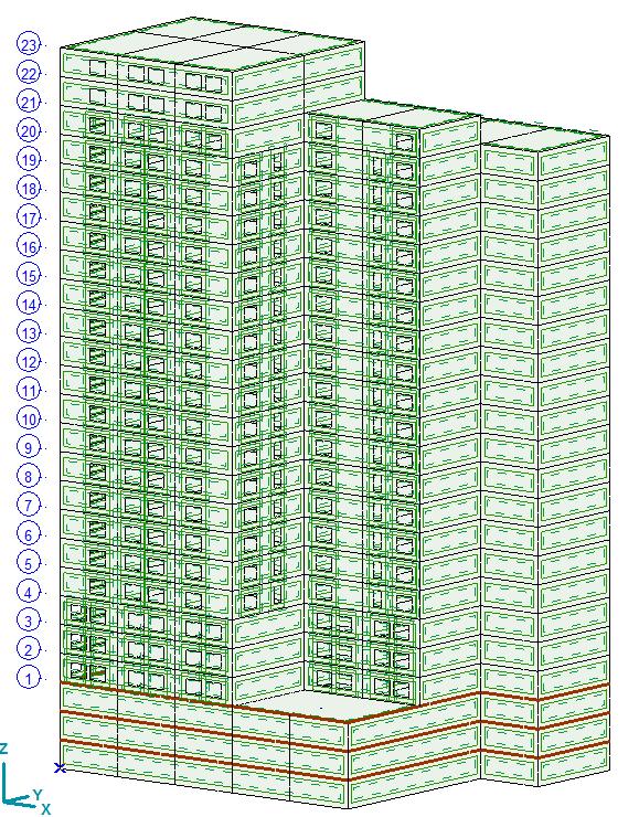 Obr. 3-10 Statický moel v programu AxisVM, RFEM Dle normy [1] v kap 4.2.4 je nutné zohlenit součinitele kombinace pro proměnné zatížení viz Tab. 8.