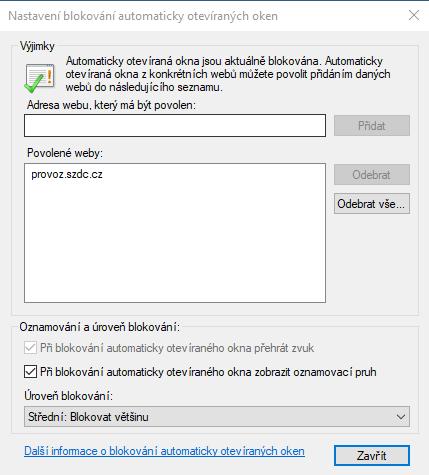 Nastavení aplikace Strana 7 Obr. 3 - Nastavení pop-up oken 3.2.1 Správně nastavit nebo odinstalovat software, který může blokovat otevírání nových oken v IE Některé aplikace např.