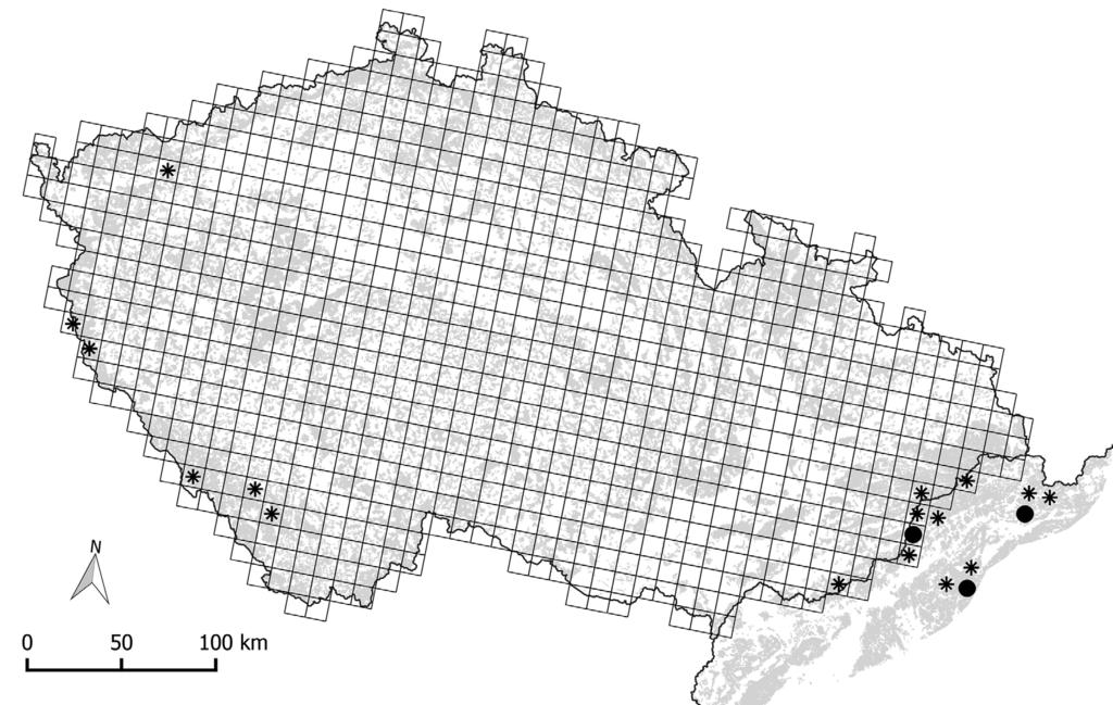 Obr. 4. Výskyt kočky divoké (Felis silvestris) v České republice a na západním Slovensku v letech 2012 2016. Legenda viz obr. 1. Fig. 4. Occurrence of the wildcat (Felis silvestris) in the Czech Republic and western Slovakia in 2012 2016.