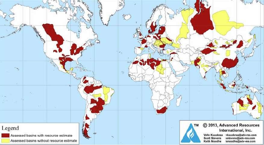 3 Břidlicový plyn ve světě 3.1 Zásoby Společnost Advanced Resourcces International, Inc. v roce 2013 zmapovala všechna vytěžitelná ložiska břidličného plynu a ropy.