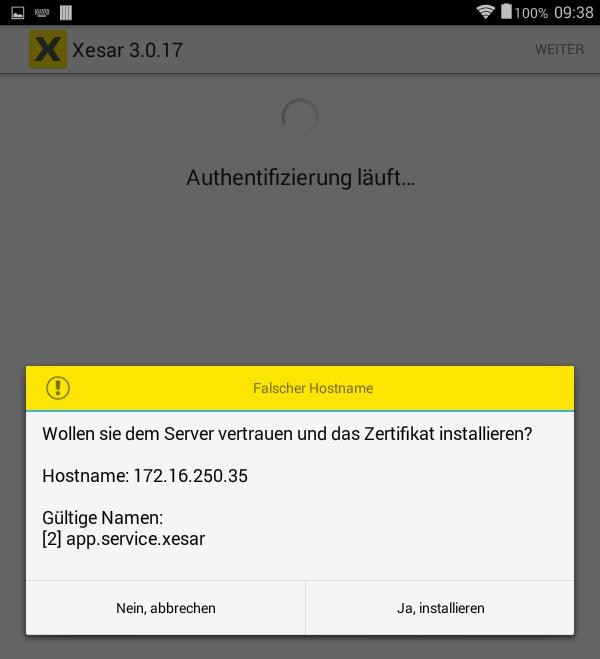 Obr. 77 Tablet Xesar: Certifikát 2 Synchronizace by neměla