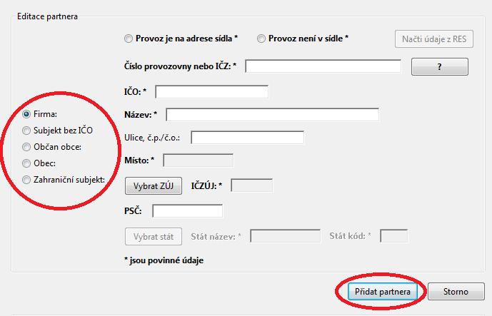 Po volbě tlačítka Přidat partnera se zobrazí následující tabulka: Pozn.