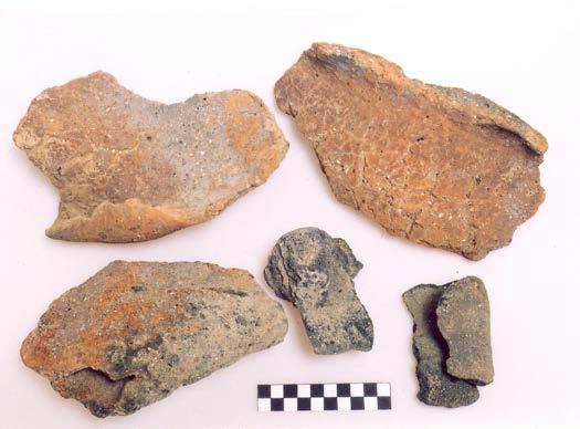 Obr. 6 Litovel Zahradní ulice, parcela č. 468/7. Žárem deformované a přepálené zmetky z hrnčířské výroby, kultura lužických popelnicových polí. Foto G. Hekelová. Obr. 8 Litovel Zahradní ulice.