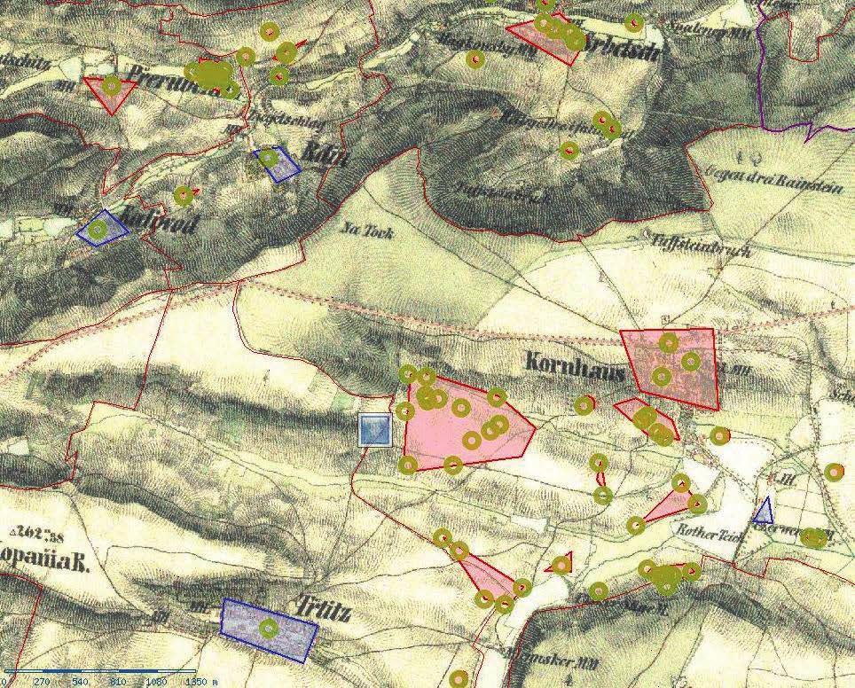 Obr. 2 Ukázka mapového projektu ISAD NPÚ. Archeologická vrstva SAS ČR a ADČ na podkladu II. vojenského mapování z let 1852 1853.