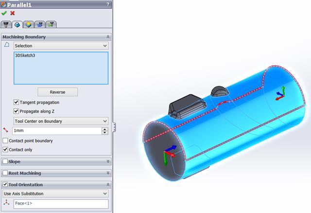 Hranice obrábění Pro správnou definici Hranic obrábění / Machining Boundary je nutné vytvořit v rámci dílu pomocnou skicu (přesněji 3D skicu), která je na obrázku zvýrazněna červeně.