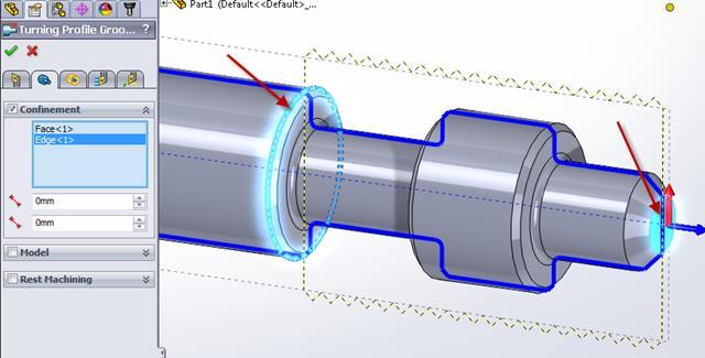 4.4 Soustružení - Omezení oblasti soustružení Operace soustružení HSMWorks se automaticky pokouší odebrat veškerý dostupný materiál pomocí vybrané strategie obrábění.