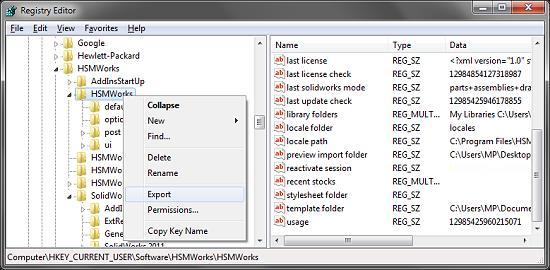 Export a záloha nastavení produktu HSMWorks Add-in Export uloží soubor s příponou.reg, což je textový soubor, který lze upravovat pomocí libovolného standardního textovém editoru (např.