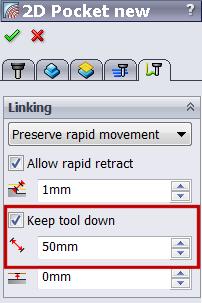 5.5 Společné Ponechat nástroj dole Pro snížení počtu nájezdů nástroje do kapsy (ve výchozím nastavení po šroubovici), lze v HSMWorks s výhodou použít volby *Ponechat nástroj dole / Keep Tool Down*.