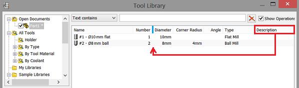 5.6 Společné - Knihovna nástrojů - Přizpůsobení informačních sloupců *Knihovna nástrojů / Tool Library* systému HSMWorks obsahuje pole s nástroji, kde uživatel nalezne veškeré potřebné informace,