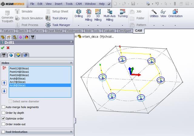 nástrojů/tool Library* je vybrán daný nástroj a v druhé záložce *Geometrie/Geometry* vybrány umístění děr.