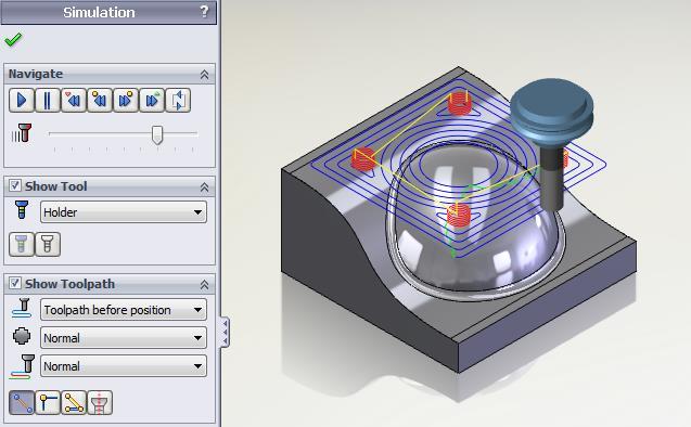 3.2 Simulace - Zobrazení polotovaru HSMWorks umožňuje zobrazovat obrábění jak ve Verifikaci, tak v simulaci.