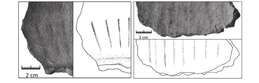 Traces of mould pressing (after Dupont-Delaleuf 2011): a) surface shaped by hand or by tools, b) surface