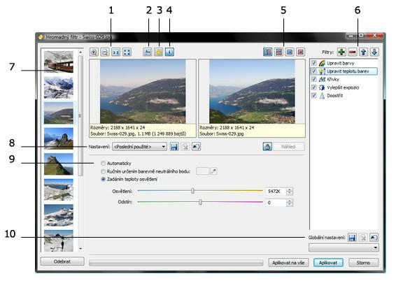 Univerzální dialog pro obrázkové filtry Většina úprav obrázků se ovládá v univerzálním filtrovém dialogu, který má dva režimy zobrazení výsledku filtru.