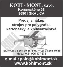 Nabídky, výrobky, služby Svět tisku 03/2008 98 Výkup, repase a prodej polygrafického zařízení tiskařské stroje AD 745, 1999, cena: 2.100.000,- Kč AD 725, 1999, cena: 1.350.
