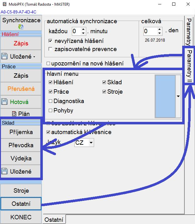 MobiPFX nastavení menu aplikace V menu Ostatní přibyly parametry v postranní záložce Parametry II, kde si můžeme zobrazit nebo schovat jednotlivé funkce aplikace.