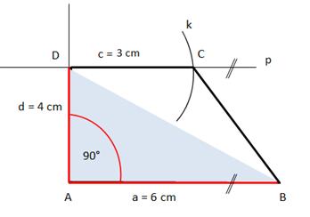 10) Narýsuj pravoúhlý lichoběžník ABCD s pravým úhlem při vrcholu A, je-li dáno: AB = 6 cm, AD = 4 cm, CD = 3 cm, je-li AB CD.