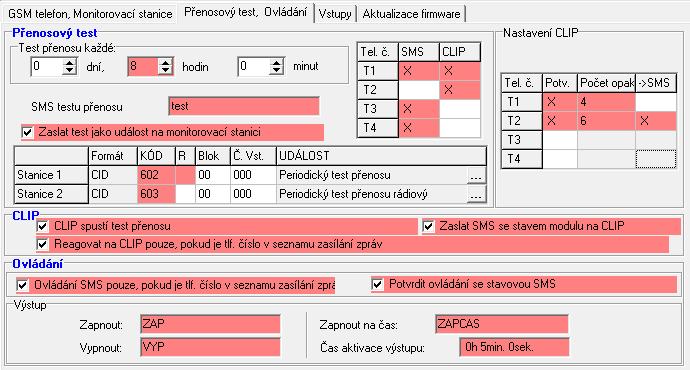 12 GPRS-T2 SATEL 3: Po omezenou dobu CLIP aktivuje výstup na určitou dobu (čas je definován v poli Čas aktivace výstupu, v záložce Přenosový test, Ovládání ). 4.3.3 ZÁLOŽKA PŘENOSOVÝ TEST, OVLÁDÁNÍ Přenosový test Obr.