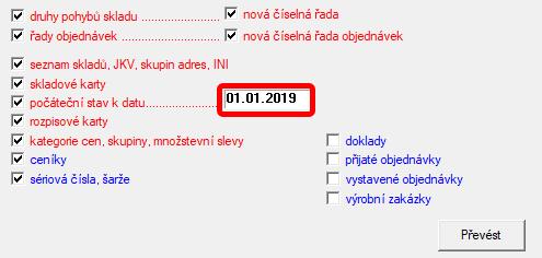 Při zahájení nového účetního roku se přehrává: druhy pohybů skladu úplné nastavení skladových pohybů - číslování, účtování, vlastnosti nová číselná řada nastaví se nové číslování skladových dokladů