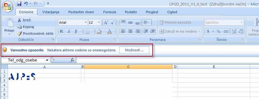 Slika 6 se po odprtju Excelove preglednice pojavi naslednje varnostno opozorilo glede makrov (slika 7).