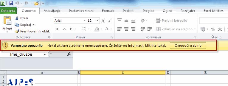 Slika 9 Makre omogočite tako, da kliknete na omogoči vsebino. Če se pri odpiranju Excelove preglednice ne pojavi varnostno opozorilo glede makrov, preverite nastavitve za makre v središču zaupanja. 2.