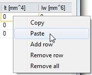 Profile Library Editor - Within Scia Engineer, put the mouse cursor on the first cell of the torsional constant It, right-click and select Paste from the context menu.