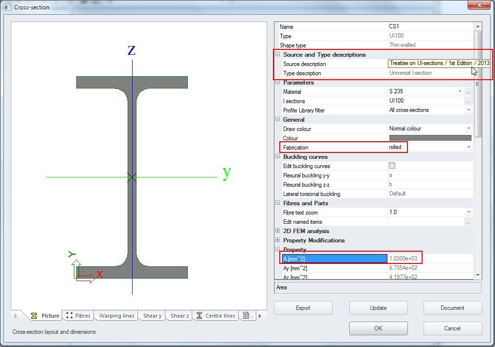 Profile Library Editor - Select Type UI and code 100 and press the button. The Cross-section dialog will open, showing the properties of the inputted cross-section.