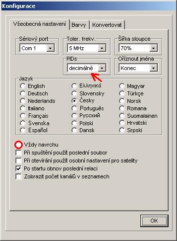 Pokud zvolíte volbu "vždy navrchu" v konfig. menu, SetEditHomecast bude vždy v popředí vašeho počítače.