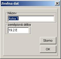 Změna dat: Získáte následující okno, ve kterém můžete změnit specifická data satelitu: Pro získání tohoto okna je možno také označit satelit dvojklikem.
