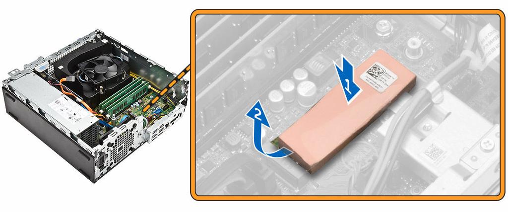 5. Postup instalace karty SSD: a. Připojte kartu SSD do konektoru na základní desce [1]. b.