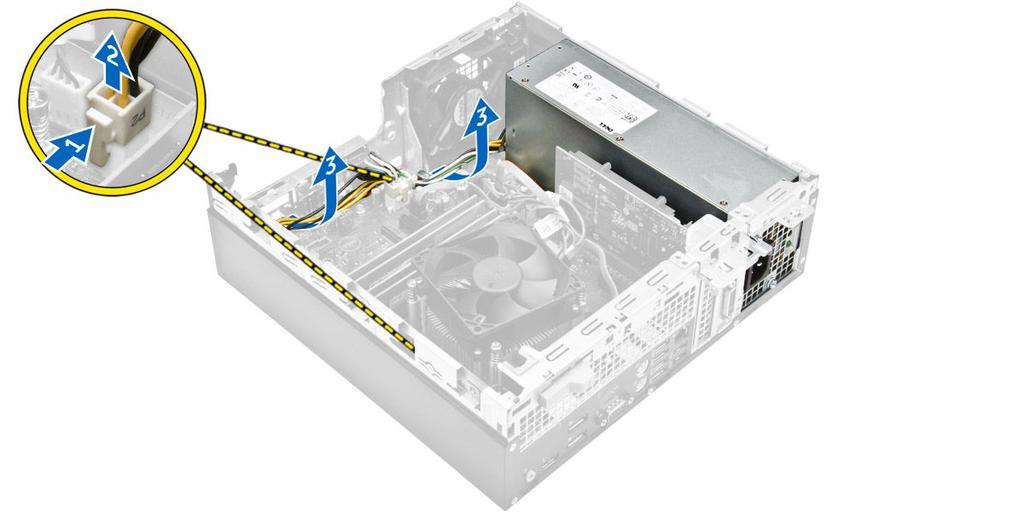 4. Vyjmutí jednotky PSU: a. Vyšroubujte šrouby na zadní straně počítače, které připevňují jednotku PSU k počítači [1]. b.