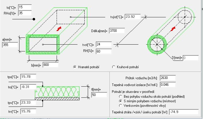 Návrh izolací Návrh izolací jsem provedl v programu Teruna. Pro výpočet jsem vybral nejkritičtější stav, tedy odvod vzduchu ze sprch o teplotě 24 C a velké relativní vlhkosti 60 %.