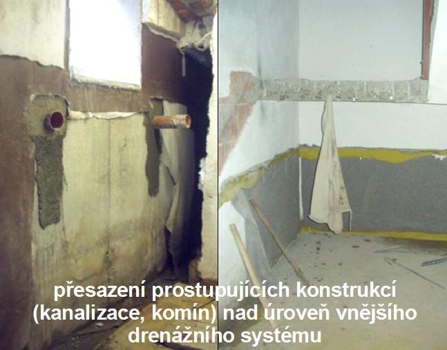 Foto /8/ nové prostupy kanalizačního potrubí nad úrovní nového hydroizolačního systému Veškeré rozvody byly přeloženy tak, aby jejich prostupy svislou hydroizolací byly nad návrhovou hladinou tlakové