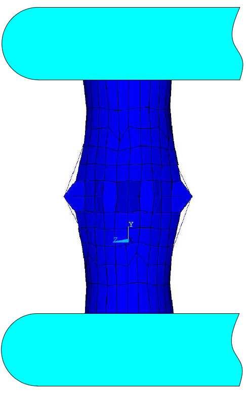 σ [KPa] ε [ ] Obr. 85 Porovnání křivky σ-ε určené výpočtovou simulací pro k=9 (čárkovaně) s experimentálně určenými křivkami pro buňku FSMCs Obr. 86 Deformovaný tvar buňky FSMCs při deformaci 100% 11.