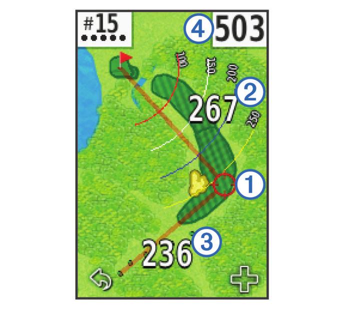 Chcete-li vybrat pozici na mapě, stiskněte možnost Použít stisknutí cíle. Hledání hřišť Zařízení můžete použít k nalezení golfového hřiště poblíž nebo v konkrétním městě.