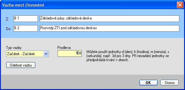 začínala 10 dní po začátku první činnosti, je potřeba vazbu změnit na vazbu typu Začátek Začátek a nastavit jí 10denní Odklad.