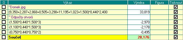 postupujte obdobně. Každé měření spolu s výpočtem se vkládá do jednoho řádku tabulky výkazu výměr (v dolní části okna).