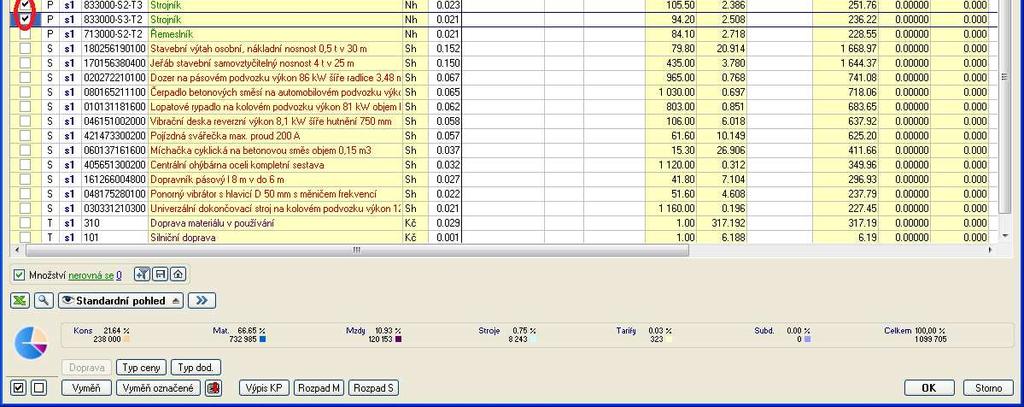 Pomocí tlačítek ve spodní části obrazovky můžete upravit např. dopravní náklady materiálových zdrojů (tlačítko Doprava), upravit Typ ceny nebo Typ dodávky apod.