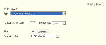 Používat - zapnutí používání karet hostů Typ - zvolí se typ čtečky karet, podle typu se zpřístupní různé políčka pro nastavení komunikace se čtečkou.