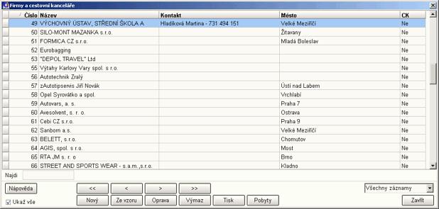 Ostatní Zobrazení lze filtrovat pomocí seznamu 162 : U každé firmy/cestovní kanceláře lze evidovat tyto údaje: Číslo - nabízí se automaticky, lze jej změnit Název firmy Adresa firmy 1 - první řádek