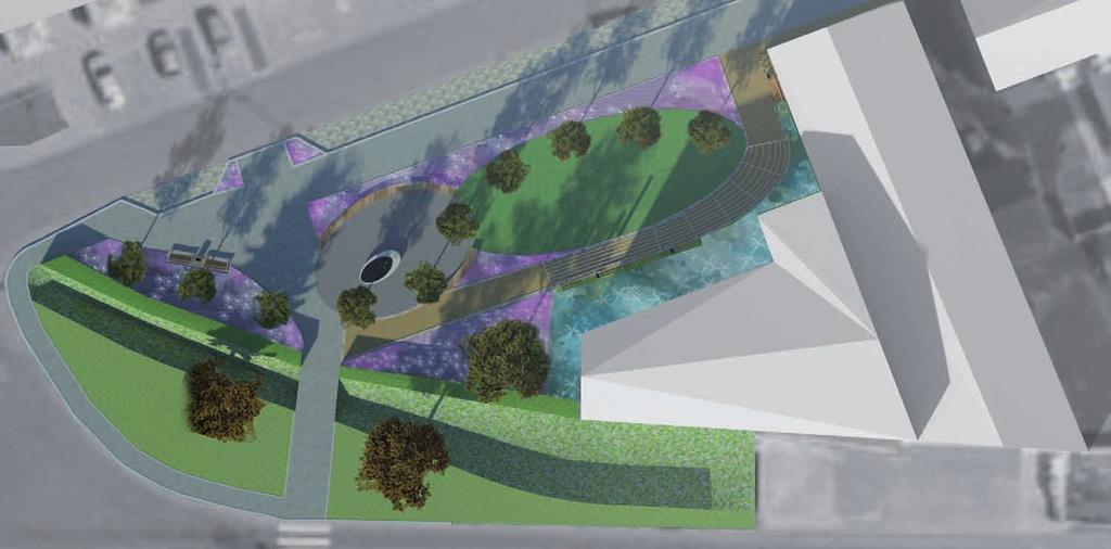 lavice Betonová dlažba pobytový trávník Strom navrhovaný pergola pro popínavé rostliny - odclonění fasády Strom stávající infopoint - mapy,